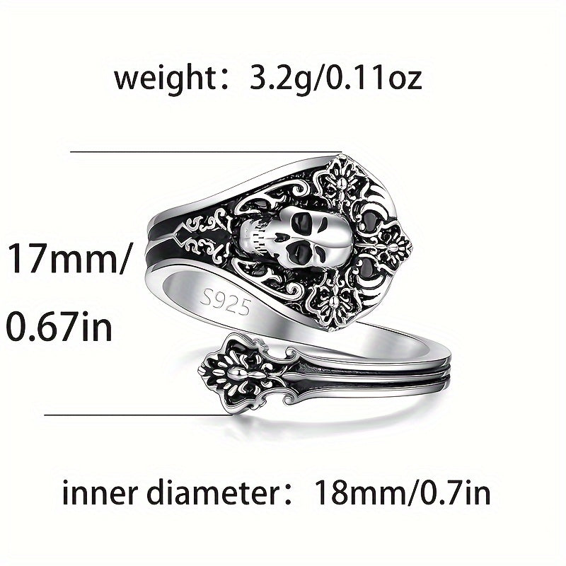 One retro gothic style skull head ring, s925 silver adjustable ring for women, suitable for daily wear, Women's jewelry gift, low allergy, silver weight 3.2g