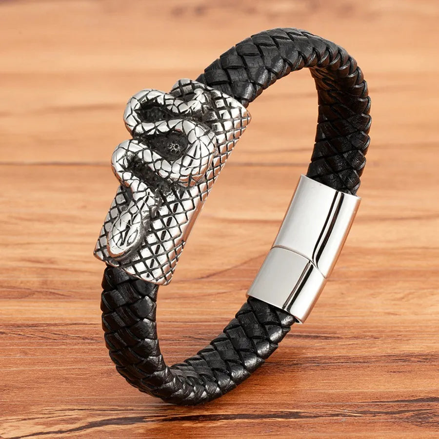 TYO Cool Style Men Leather Bracelets & Bangles Skull Owl Scorpion Snake Braided Wrap Stainless Steel Bracelets For Halloween