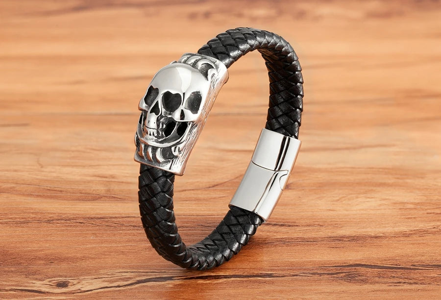 TYO Cool Style Men Leather Bracelets & Bangles Skull Owl Scorpion Snake Braided Wrap Stainless Steel Bracelets For Halloween