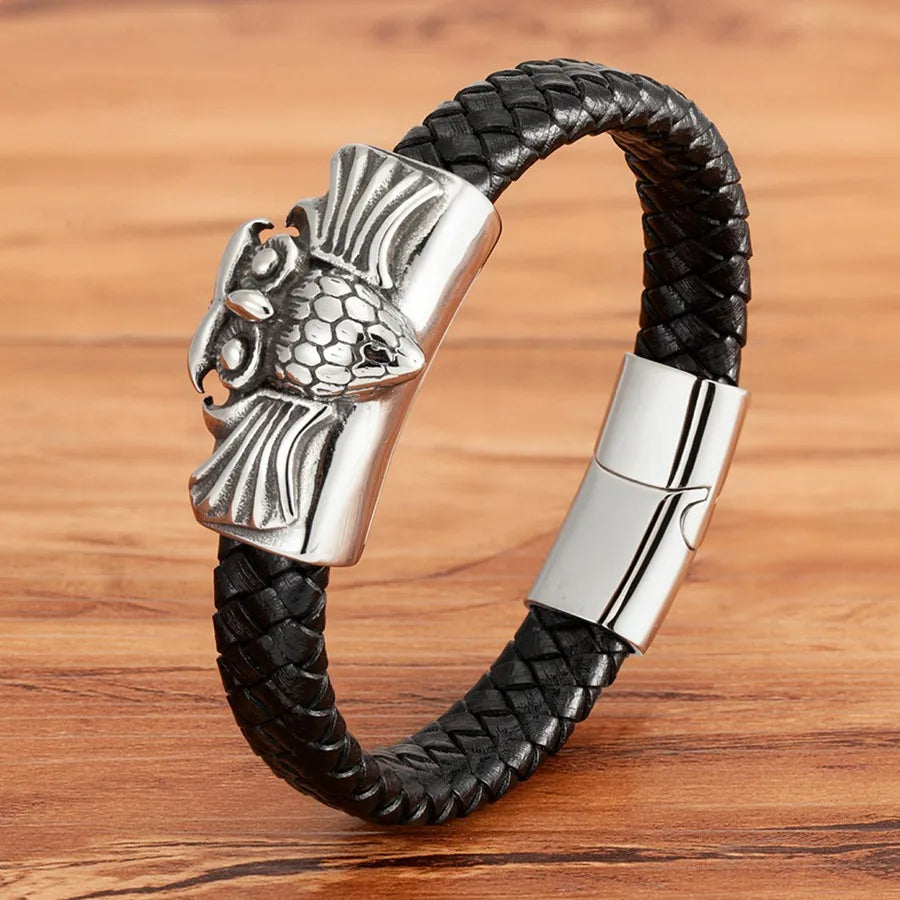 TYO Cool Style Men Leather Bracelets & Bangles Skull Owl Scorpion Snake Braided Wrap Stainless Steel Bracelets For Halloween