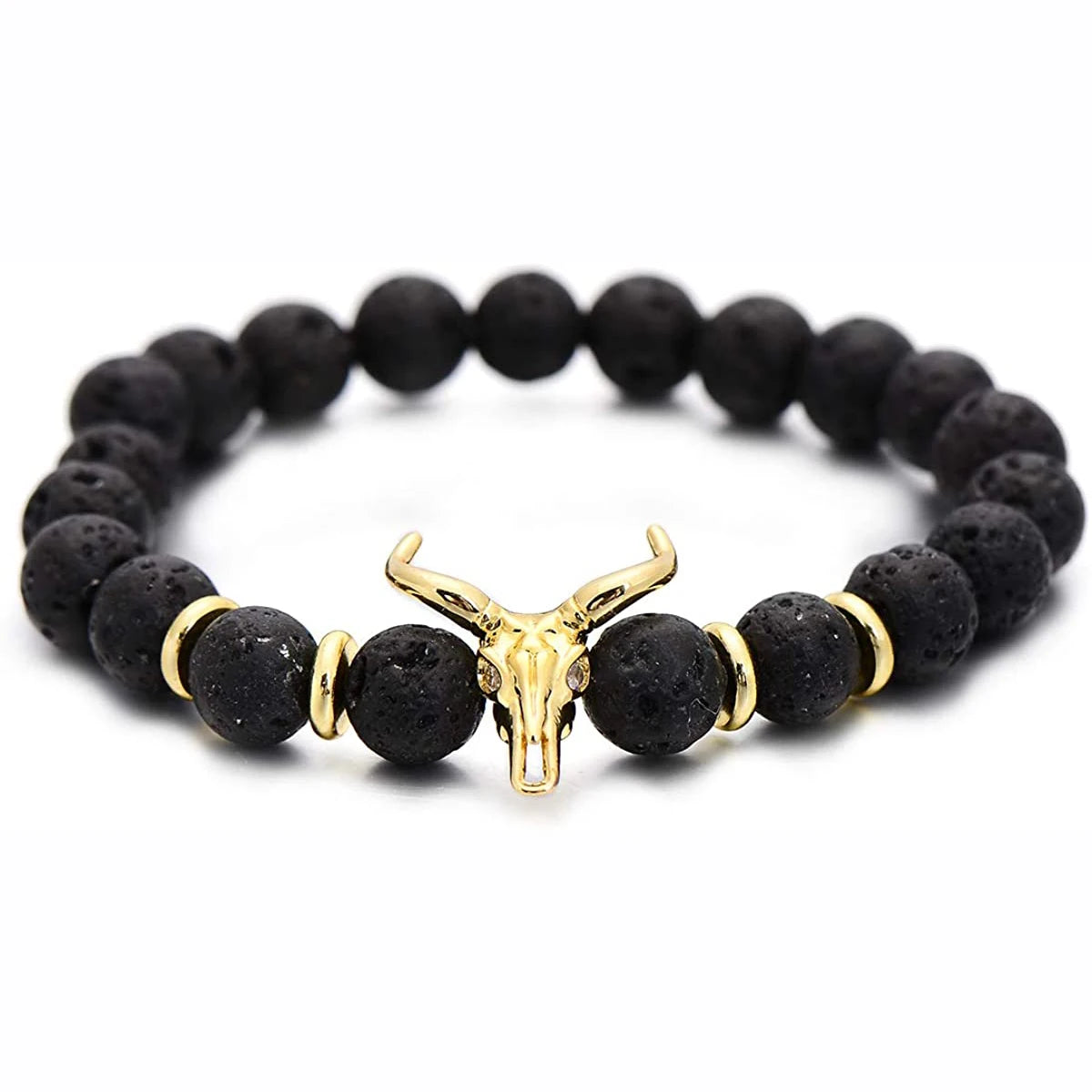 Punk CZ Bull Head Skull Men Bracelet Fashion 8MM Lava Stone Beads Charm Bracelets & Bangles Macrame Strand Jewelry Gift