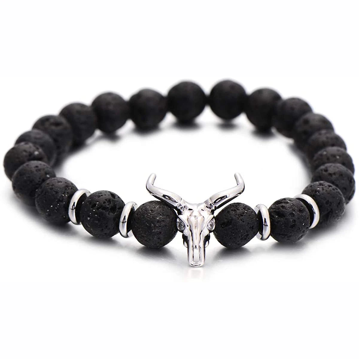 Punk CZ Bull Head Skull Men Bracelet Fashion 8MM Lava Stone Beads Charm Bracelets & Bangles Macrame Strand Jewelry Gift