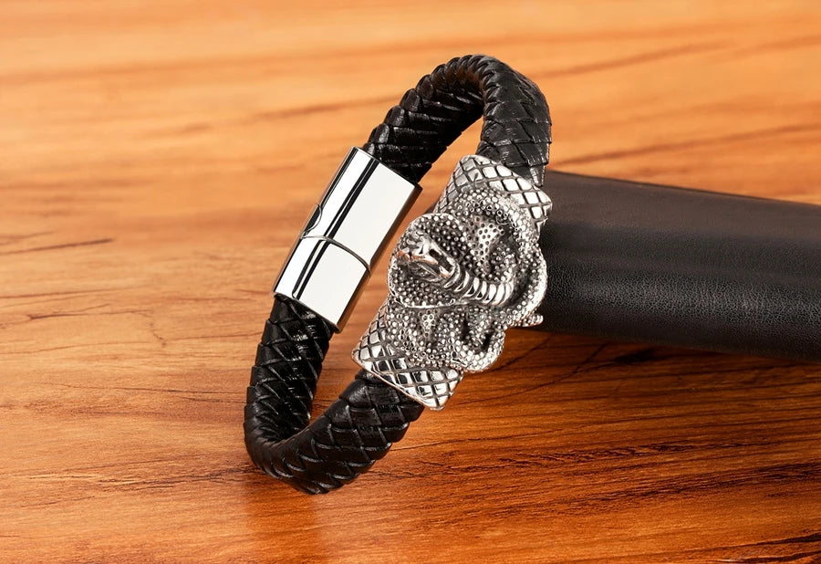 TYO Cool Style Men Leather Bracelets & Bangles Skull Owl Scorpion Snake Braided Wrap Stainless Steel Bracelets For Halloween