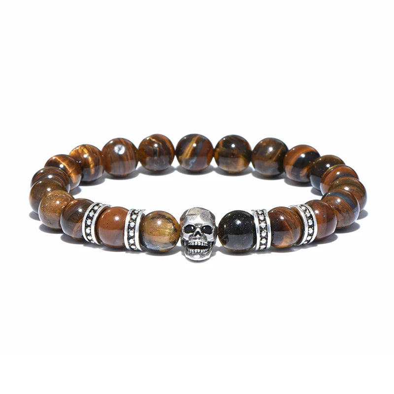 Diffone Mens Natural Stone Bracelet Gothic Skull Braslet Tiger eye Brazalete Beads Accessories For Hombre Viking Braclet Pulsera