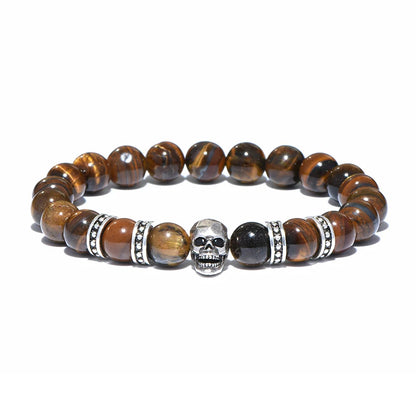 Diffone Mens Natural Stone Bracelet Gothic Skull Braslet Tiger eye Brazalete Beads Accessories For Hombre Viking Braclet Pulsera