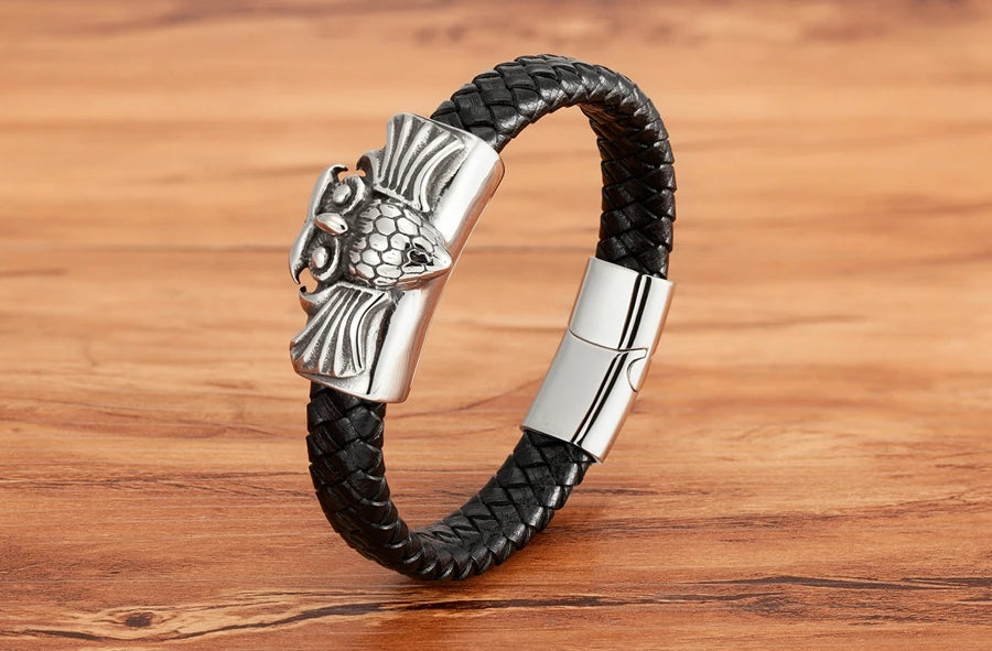 TYO Cool Style Men Leather Bracelets & Bangles Skull Owl Scorpion Snake Braided Wrap Stainless Steel Bracelets For Halloween
