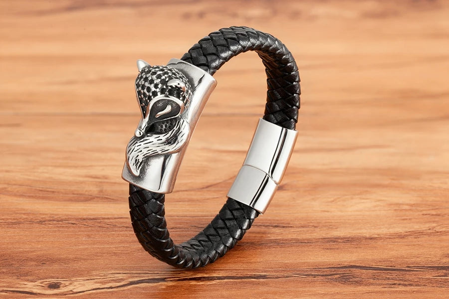 TYO Cool Style Men Leather Bracelets & Bangles Skull Owl Scorpion Snake Braided Wrap Stainless Steel Bracelets For Halloween
