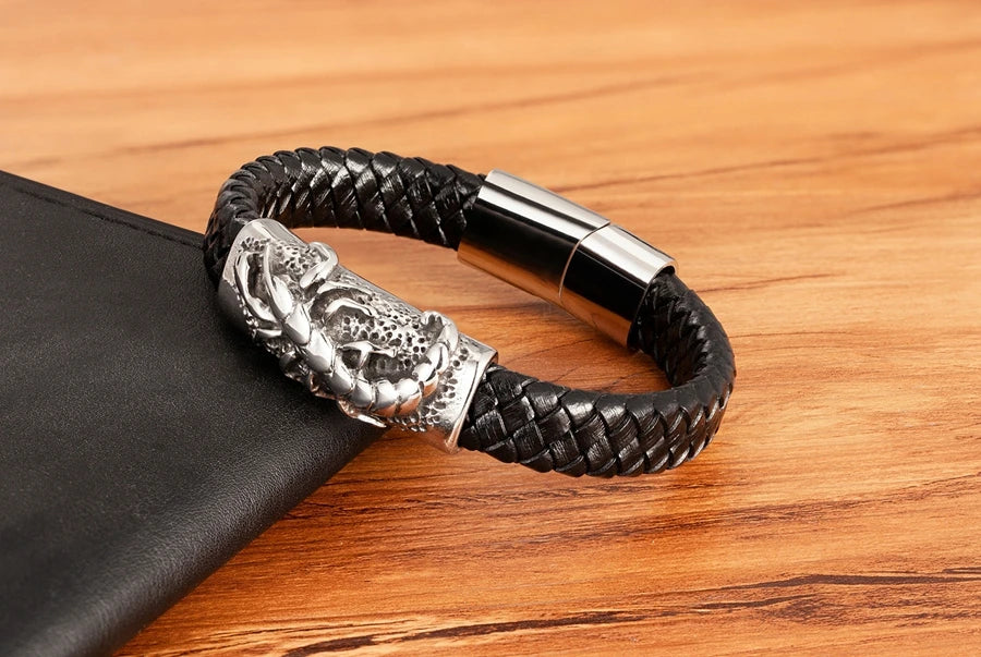 TYO Cool Style Men Leather Bracelets & Bangles Skull Owl Scorpion Snake Braided Wrap Stainless Steel Bracelets For Halloween
