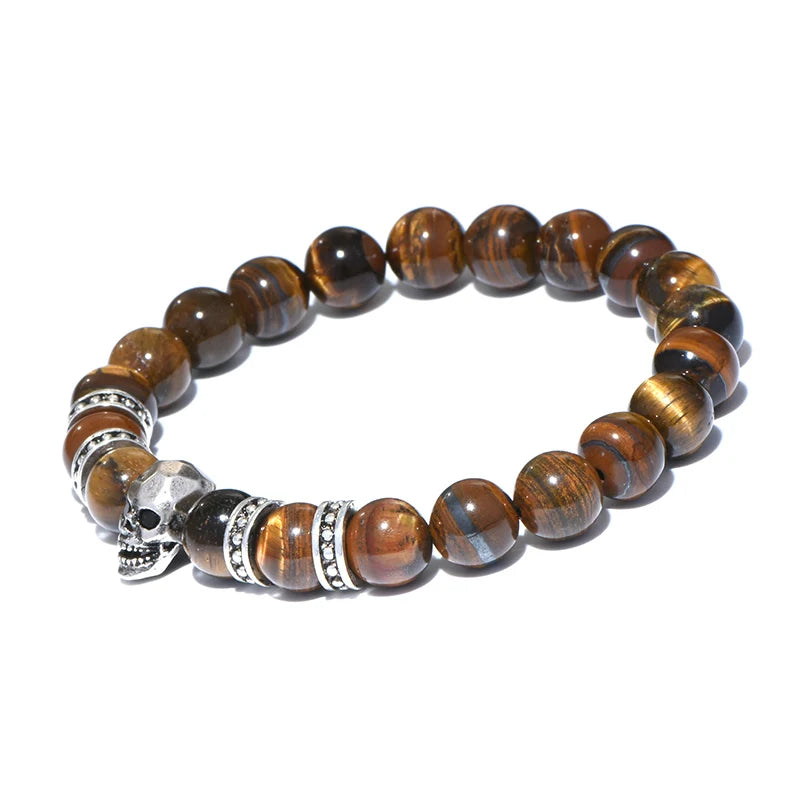 Diffone Mens Natural Stone Bracelet Gothic Skull Braslet Tiger eye Brazalete Beads Accessories For Hombre Viking Braclet Pulsera