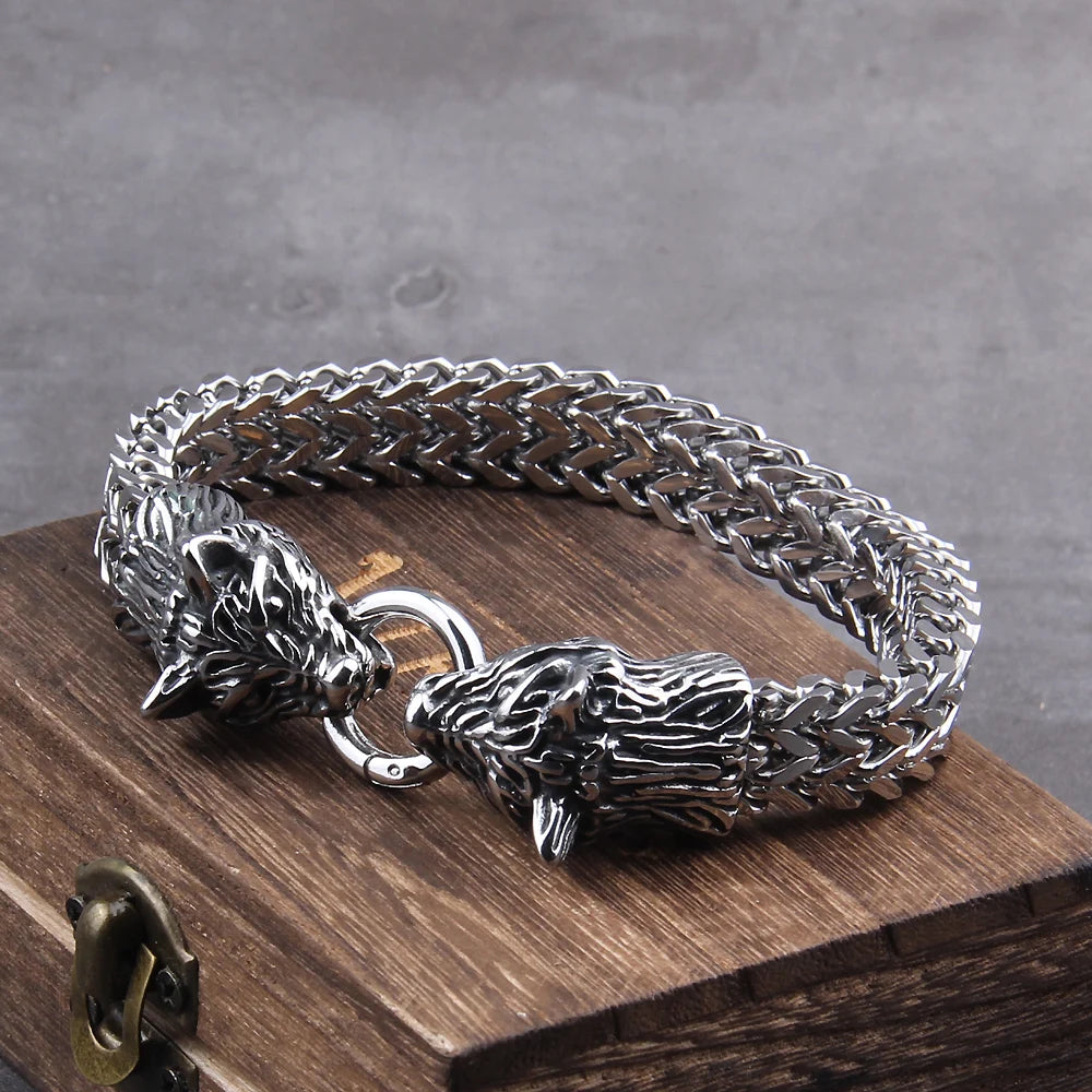 Never Fade Rock Viking Wolf Charm Bracelet Men's Stainless Steel Mesh Chain Gold Wolf Punk Jewelry without box