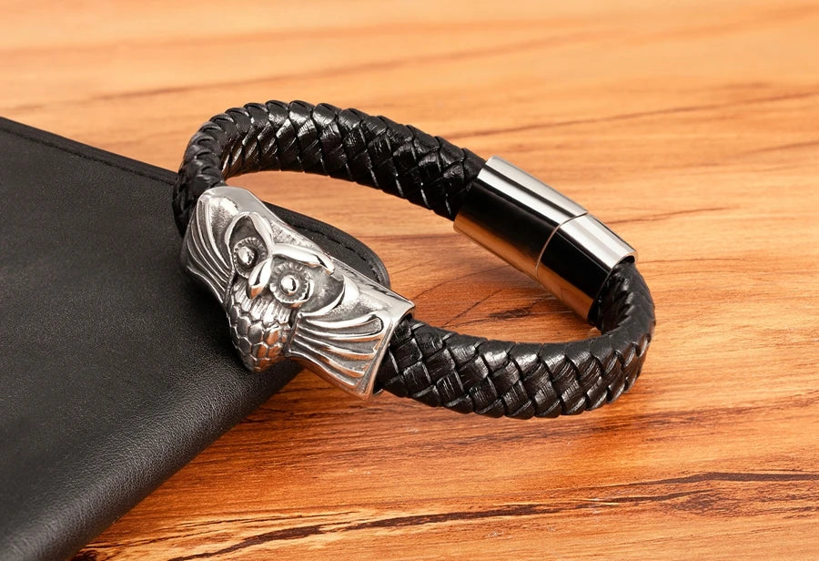 TYO Cool Style Men Leather Bracelets & Bangles Skull Owl Scorpion Snake Braided Wrap Stainless Steel Bracelets For Halloween