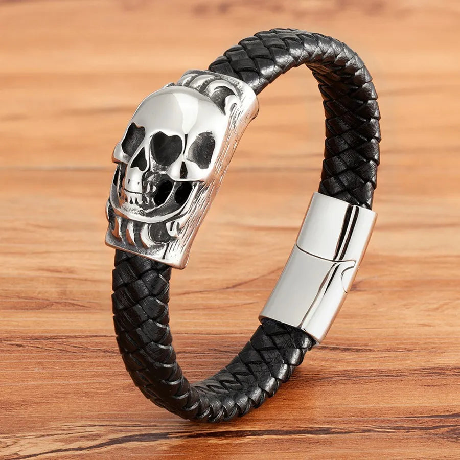 TYO Cool Style Men Leather Bracelets & Bangles Skull Owl Scorpion Snake Braided Wrap Stainless Steel Bracelets For Halloween