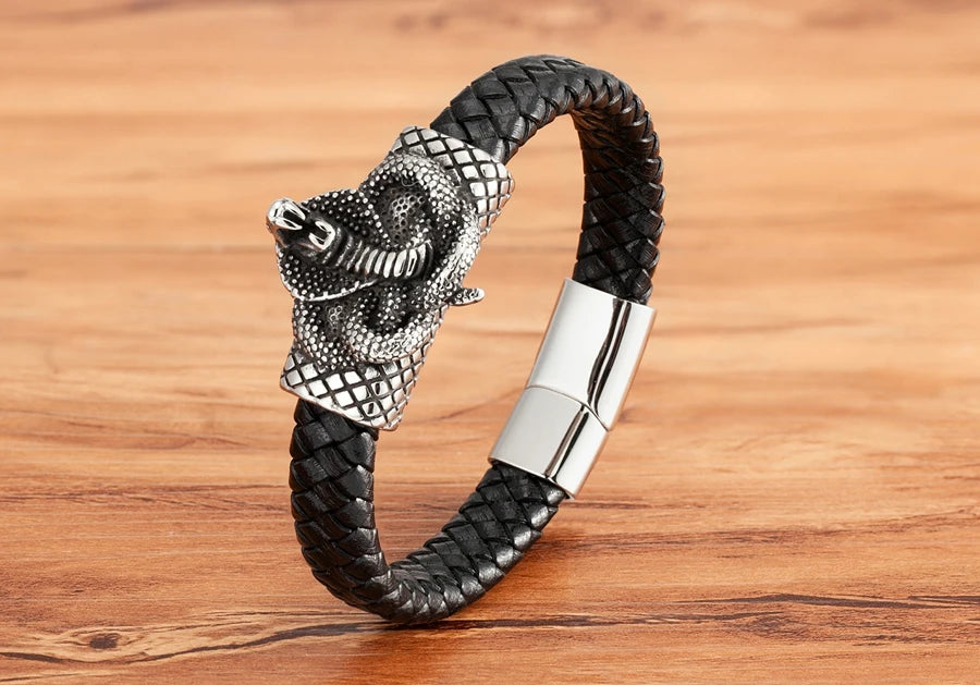 TYO Cool Style Men Leather Bracelets & Bangles Skull Owl Scorpion Snake Braided Wrap Stainless Steel Bracelets For Halloween