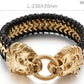 Vintage Double Wolf Lion Head Men's Bracelets 23CM Long Braided Genuine Leather & Stainless Steel Gothic Skull Bracelet for Men
