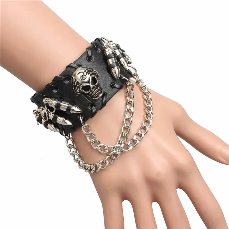 Fashion Gothic Punk Skull Metal bullet Leather Bracelet Men Bracelets & Bangles Male Arm Jewelry Red and black 2022 Accessor