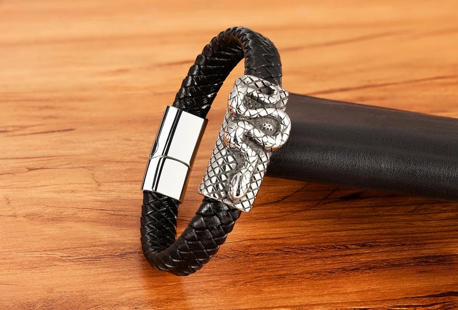 TYO Cool Style Men Leather Bracelets & Bangles Skull Owl Scorpion Snake Braided Wrap Stainless Steel Bracelets For Halloween