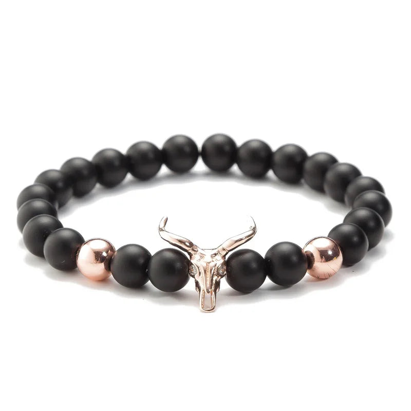 Punk CZ Bull Head Skull Men Bracelet Fashion 8MM Lava Stone Beads Charm Bracelets & Bangles Macrame Strand Jewelry Gift