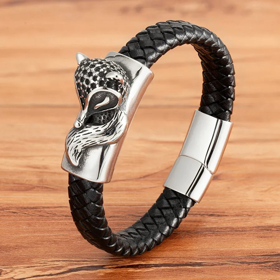 TYO Cool Style Men Leather Bracelets & Bangles Skull Owl Scorpion Snake Braided Wrap Stainless Steel Bracelets For Halloween