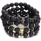 Punk CZ Bull Head Skull Men Bracelet Fashion 8MM Lava Stone Beads Charm Bracelets & Bangles Macrame Strand Jewelry Gift