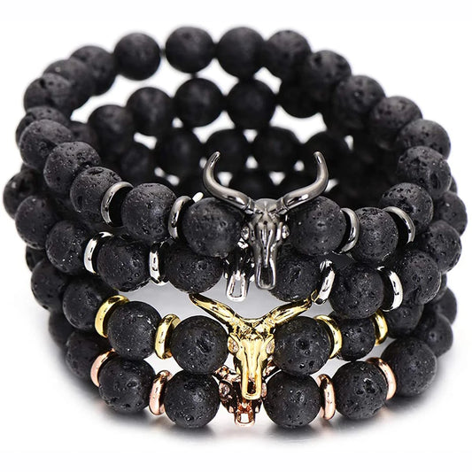 Punk CZ Bull Head Skull Men Bracelet Fashion 8MM Lava Stone Beads Charm Bracelets & Bangles Macrame Strand Jewelry Gift