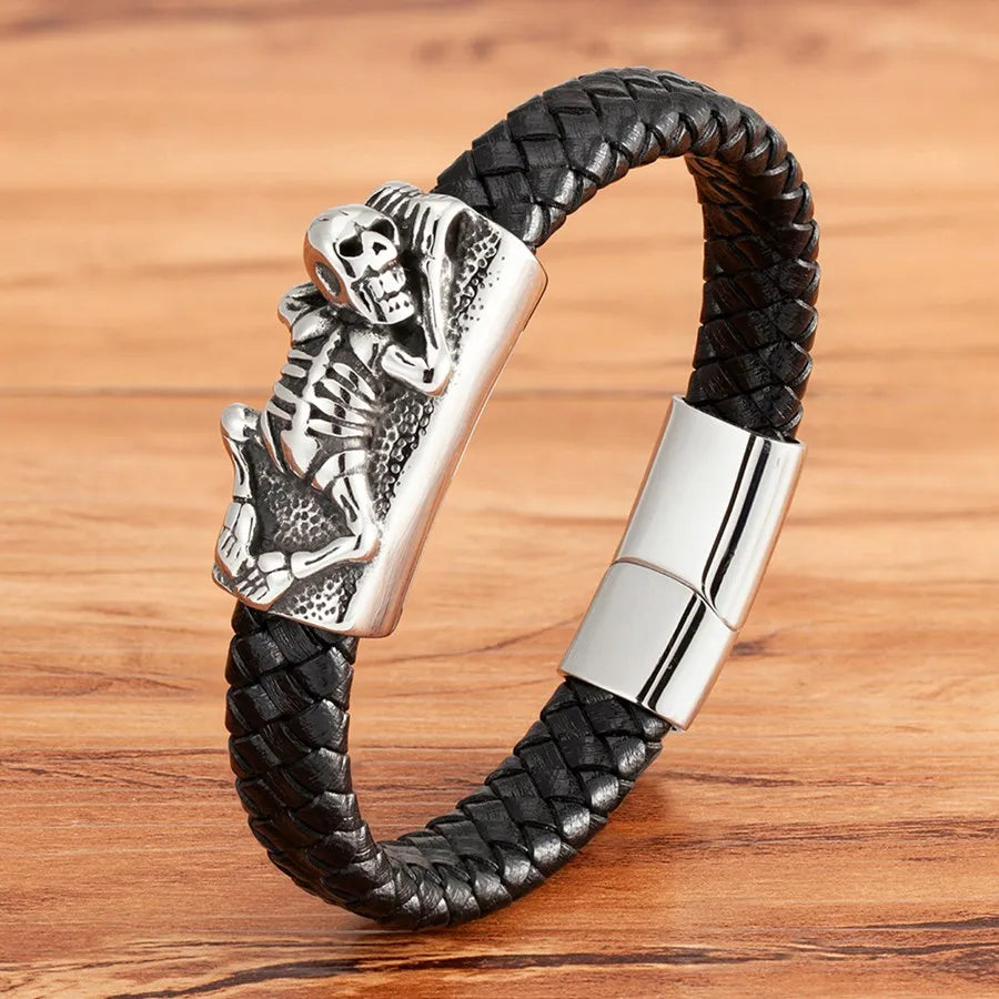 TYO Cool Style Men Leather Bracelets & Bangles Skull Owl Scorpion Snake Braided Wrap Stainless Steel Bracelets For Halloween