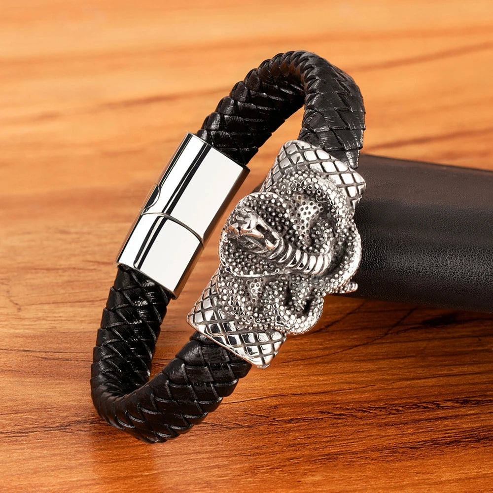 TYO Cool Style Men Leather Bracelets & Bangles Skull Owl Scorpion Snake Braided Wrap Stainless Steel Bracelets For Halloween