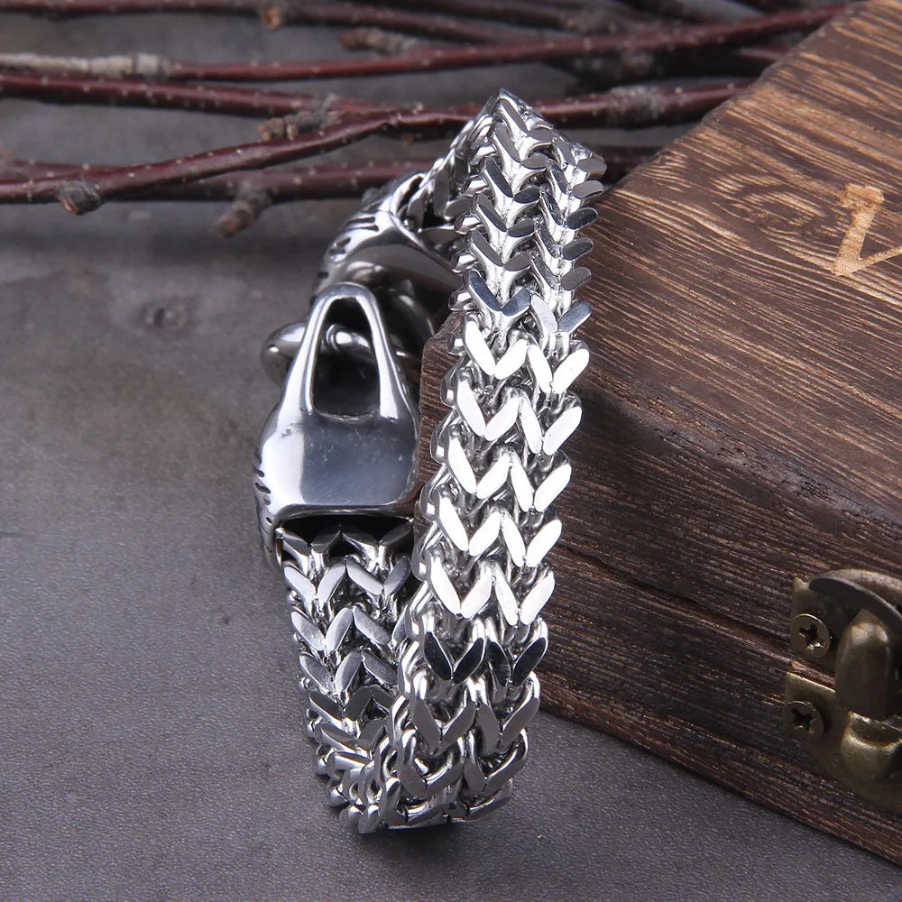 Never Fade Rock Viking Wolf Charm Bracelet Men's Stainless Steel Mesh Chain Gold Wolf Punk Jewelry without box