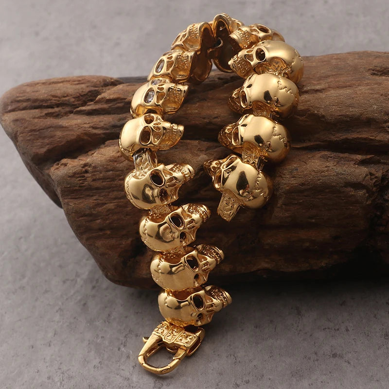 Gold Color Stainless Steel 8.6" Large Skull Hand Chain Men's Bracelets For Men Gothic Punk Rock Skeleton Biker Jewelry Polished