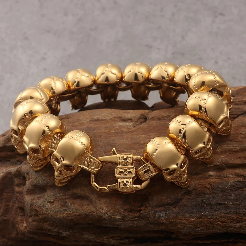 Gold Color Stainless Steel 8.6" Large Skull Hand Chain Men's Bracelets For Men Gothic Punk Rock Skeleton Biker Jewelry Polished