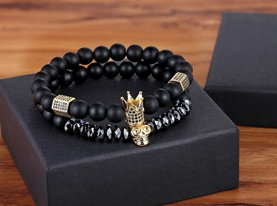 TYO 2Pcs/Set Women Mens CZ Royal Crown Skull Charms 8MM Black Matte Bead Strand Bracelets for Couple Valentine's Day Gifts