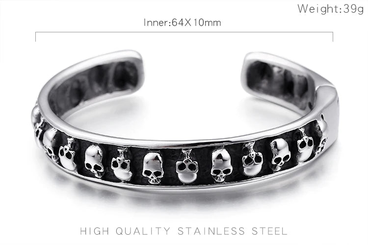 Gothic 316L Stainless Steel Biker Skull skeleton Cuff bangle bracelet 64*10mm
