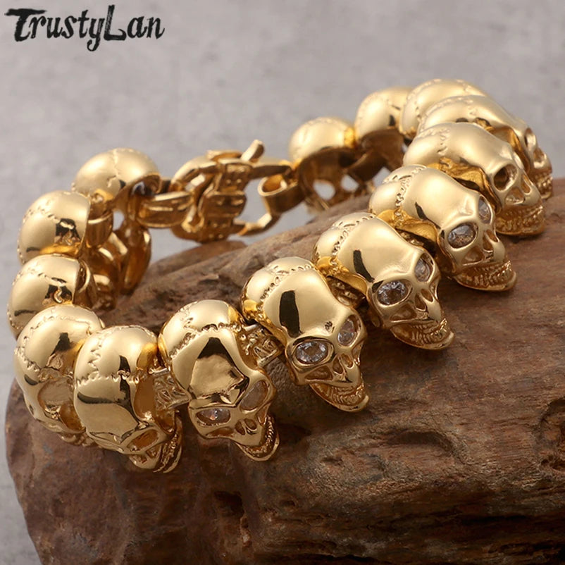 Gold Color Stainless Steel 8.6" Large Skull Hand Chain Men's Bracelets For Men Gothic Punk Rock Skeleton Biker Jewelry Polished