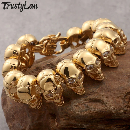 Gold Color Stainless Steel 8.6" Large Skull Hand Chain Men's Bracelets For Men Gothic Punk Rock Skeleton Biker Jewelry Polished