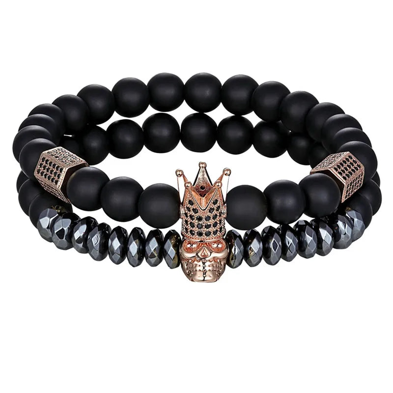 TYO 2Pcs/Set Women Mens CZ Royal Crown Skull Charms 8MM Black Matte Bead Strand Bracelets for Couple Valentine's Day Gifts