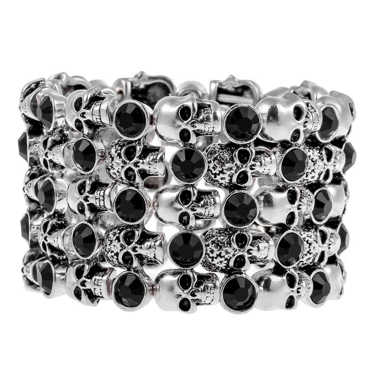 YACQ Skull Skeleton Stretch Cuff Bracelet for Women Biker Bling Crystal Jewelry Antique Silver Color Wholesale Dropshipping D07