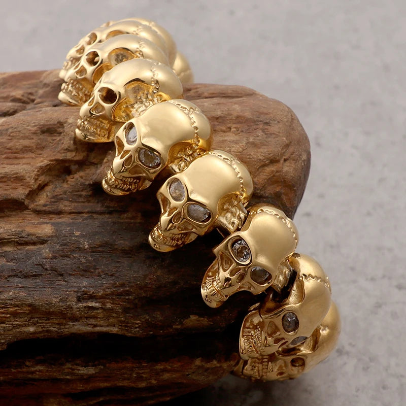 Gold Color Stainless Steel 8.6" Large Skull Hand Chain Men's Bracelets For Men Gothic Punk Rock Skeleton Biker Jewelry Polished