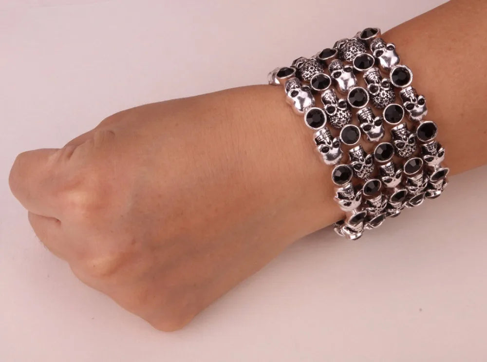 YACQ Skull Skeleton Stretch Cuff Bracelet for Women Biker Bling Crystal Jewelry Antique Silver Color Wholesale Dropshipping D07