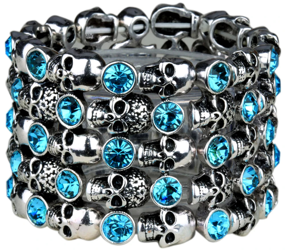 YACQ Skull Skeleton Stretch Cuff Bracelet for Women Biker Bling Crystal Jewelry Antique Silver Color Wholesale Dropshipping D07