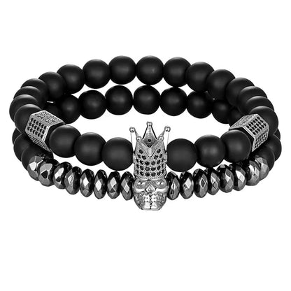 TYO 2Pcs/Set Women Mens CZ Royal Crown Skull Charms 8MM Black Matte Bead Strand Bracelets for Couple Valentine's Day Gifts