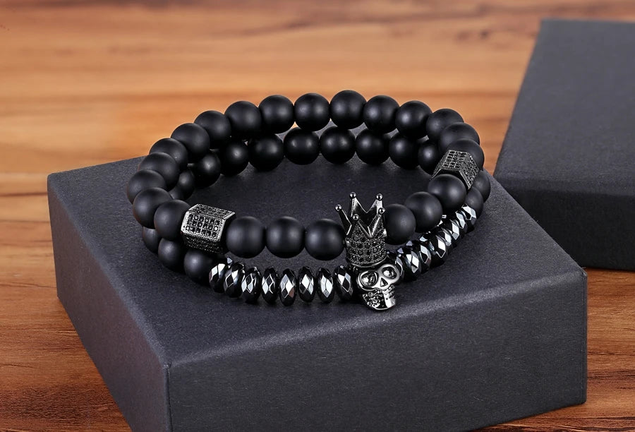 TYO 2Pcs/Set Women Mens CZ Royal Crown Skull Charms 8MM Black Matte Bead Strand Bracelets for Couple Valentine's Day Gifts