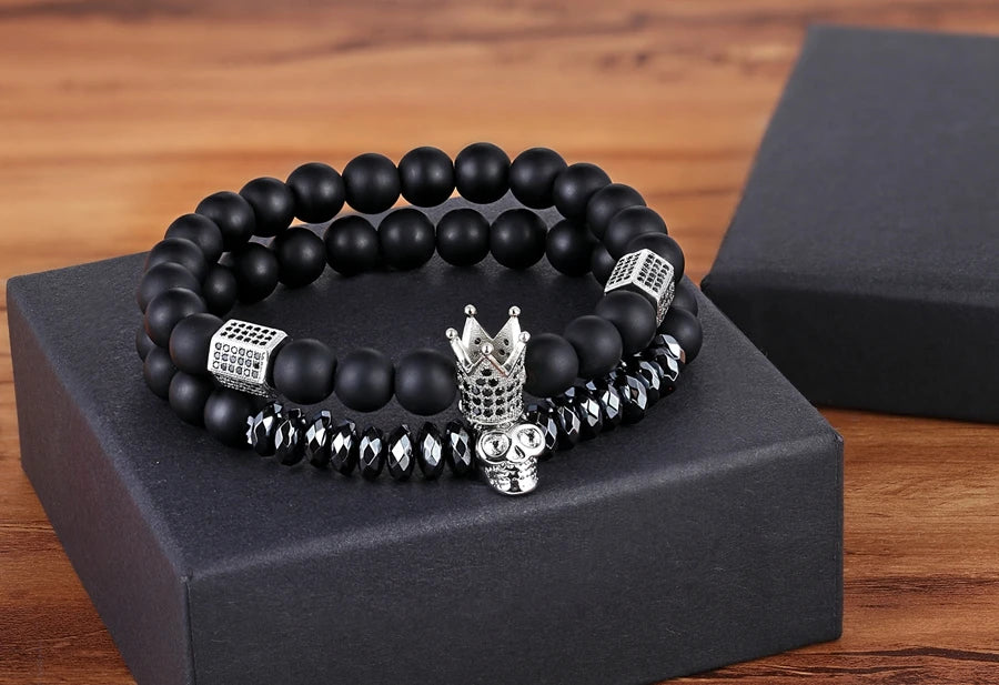 TYO 2Pcs/Set Women Mens CZ Royal Crown Skull Charms 8MM Black Matte Bead Strand Bracelets for Couple Valentine's Day Gifts