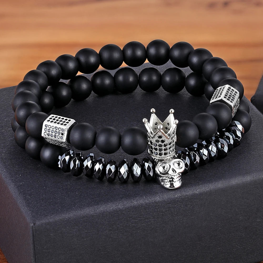 TYO 2Pcs/Set Women Mens CZ Royal Crown Skull Charms 8MM Black Matte Bead Strand Bracelets for Couple Valentine's Day Gifts