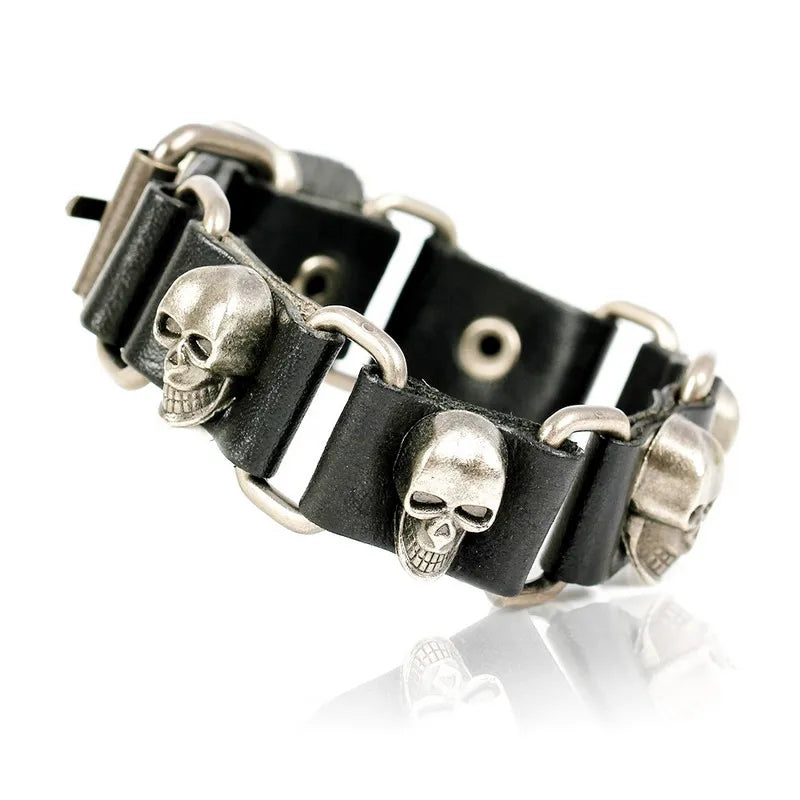 XQNI New Fashion Bangles Brand Skull Chain Leather Men's Bracelets European style Knighthood Link Charm Bracelets Jewelry.