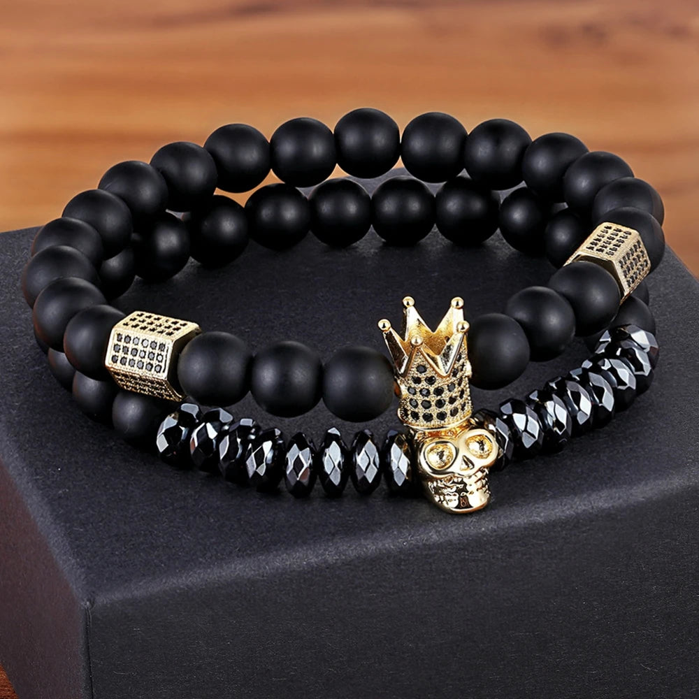 TYO 2Pcs/Set Women Mens CZ Royal Crown Skull Charms 8MM Black Matte Bead Strand Bracelets for Couple Valentine's Day Gifts