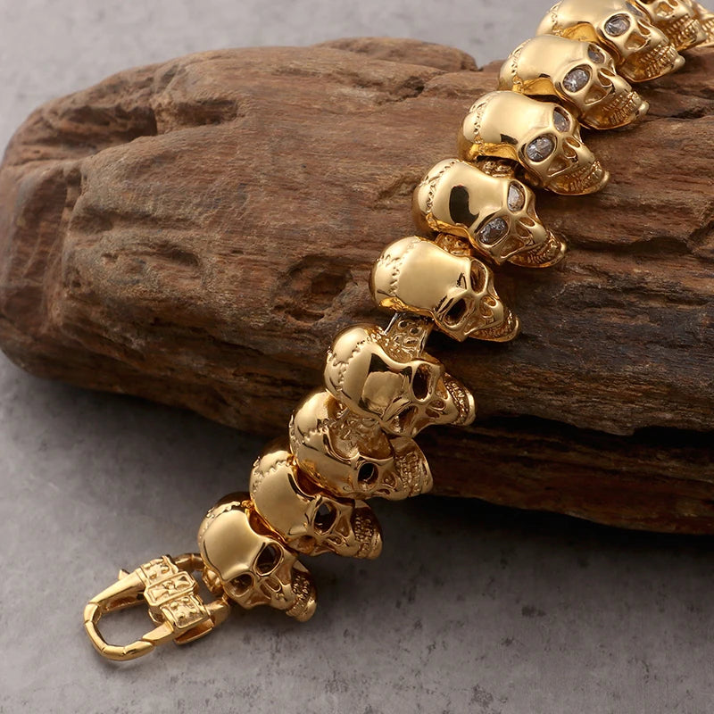 Gold Color Stainless Steel 8.6" Large Skull Hand Chain Men's Bracelets For Men Gothic Punk Rock Skeleton Biker Jewelry Polished