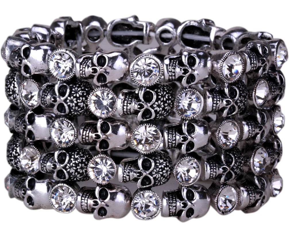 YACQ Skull Skeleton Stretch Cuff Bracelet for Women Biker Bling Crystal Jewelry Antique Silver Color Wholesale Dropshipping D07
