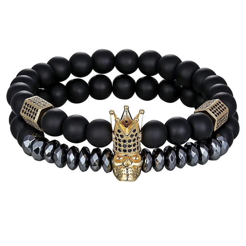 TYO 2Pcs/Set Women Mens CZ Royal Crown Skull Charms 8MM Black Matte Bead Strand Bracelets for Couple Valentine's Day Gifts