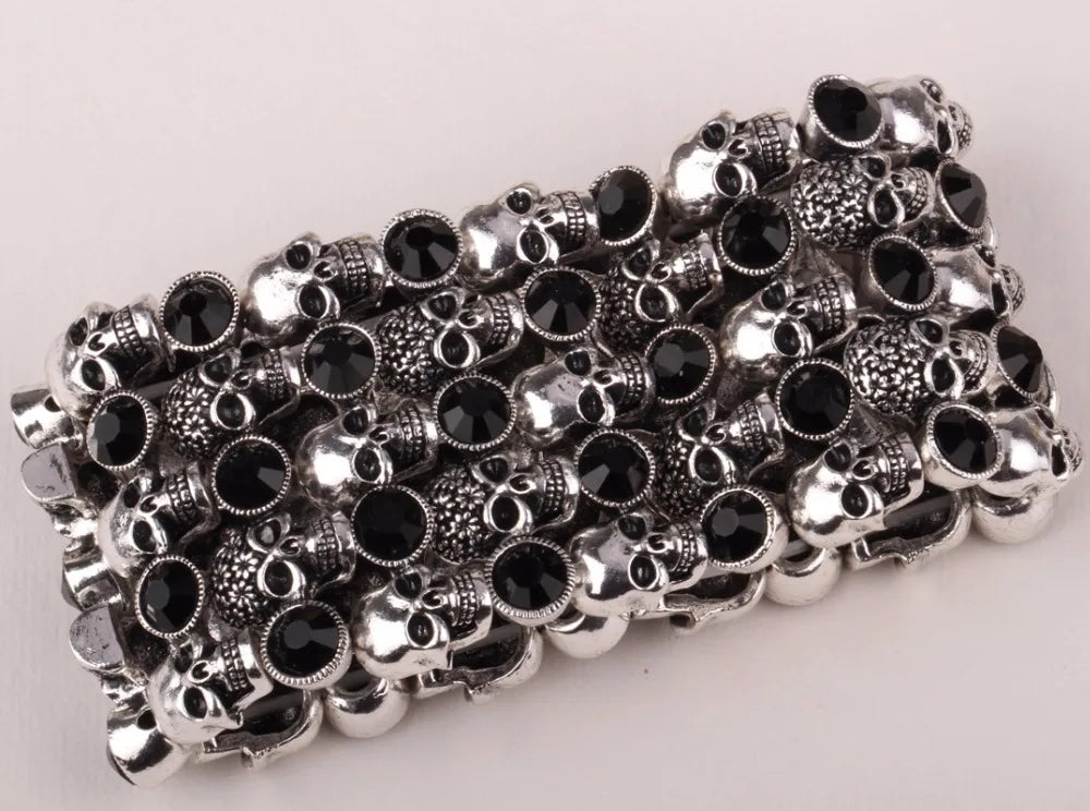 YACQ Skull Skeleton Stretch Cuff Bracelet for Women Biker Bling Crystal Jewelry Antique Silver Color Wholesale Dropshipping D07