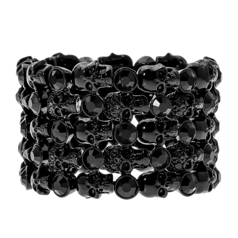 YACQ Skull Skeleton Stretch Cuff Bracelet for Women Biker Bling Crystal Jewelry Antique Silver Color Wholesale Dropshipping D07
