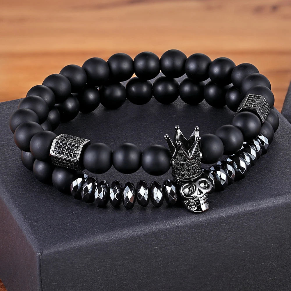 TYO 2Pcs/Set Women Mens CZ Royal Crown Skull Charms 8MM Black Matte Bead Strand Bracelets for Couple Valentine's Day Gifts